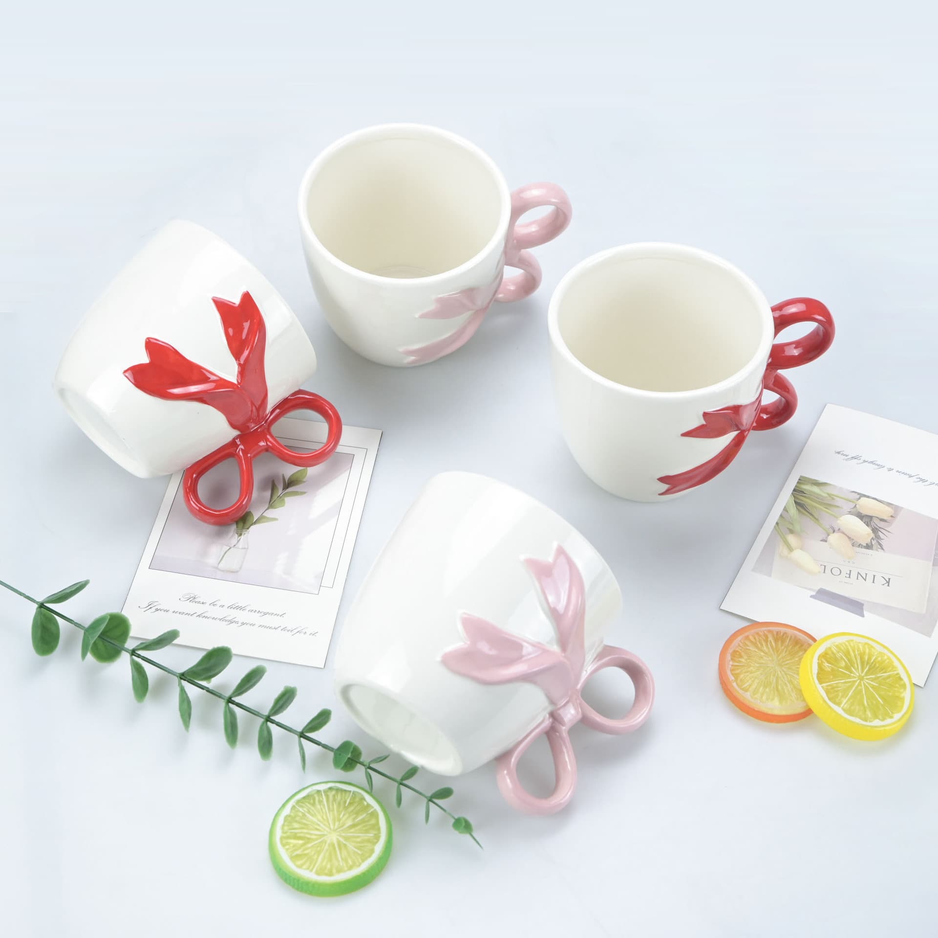 Exquisite Ins-style high-quality ceramic mug with bowknot design, cute couple coffee cup for home use