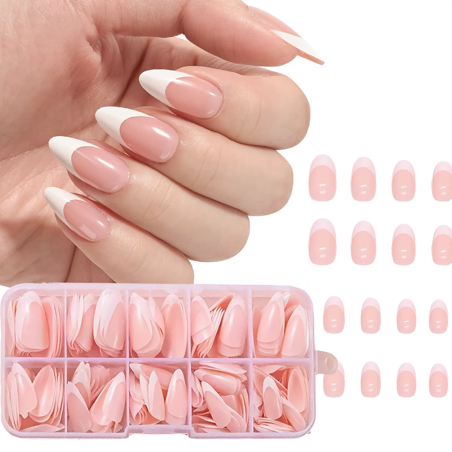 120pcs Box Almond Shaped Press On Nails, Korean & Japanese Soft Style, Simple Pink White French Nail Tips