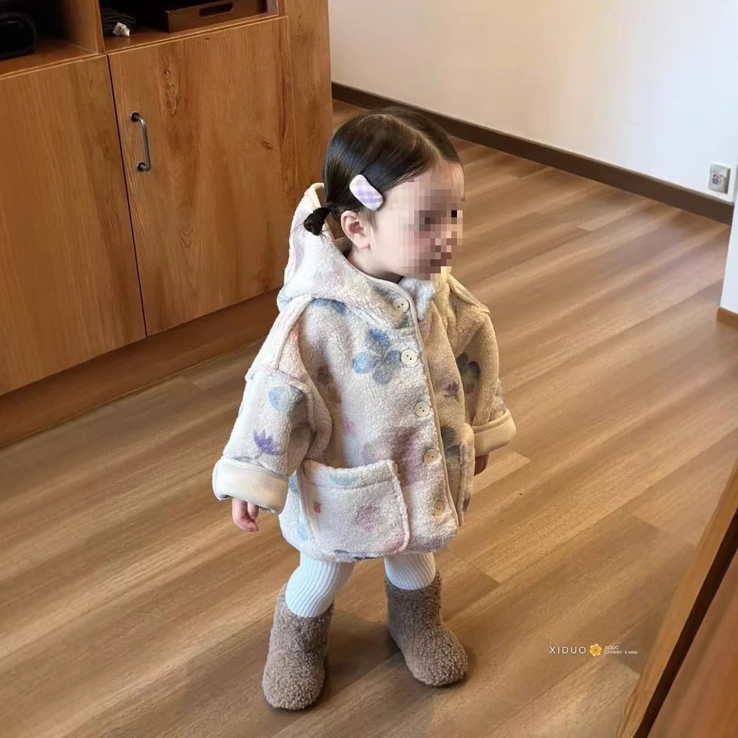 Korean Style Girls' Warm Lamb Wool Coat Autumn and Winter New Girl Kids Cartoon Sweet Fur Hooded Coat
