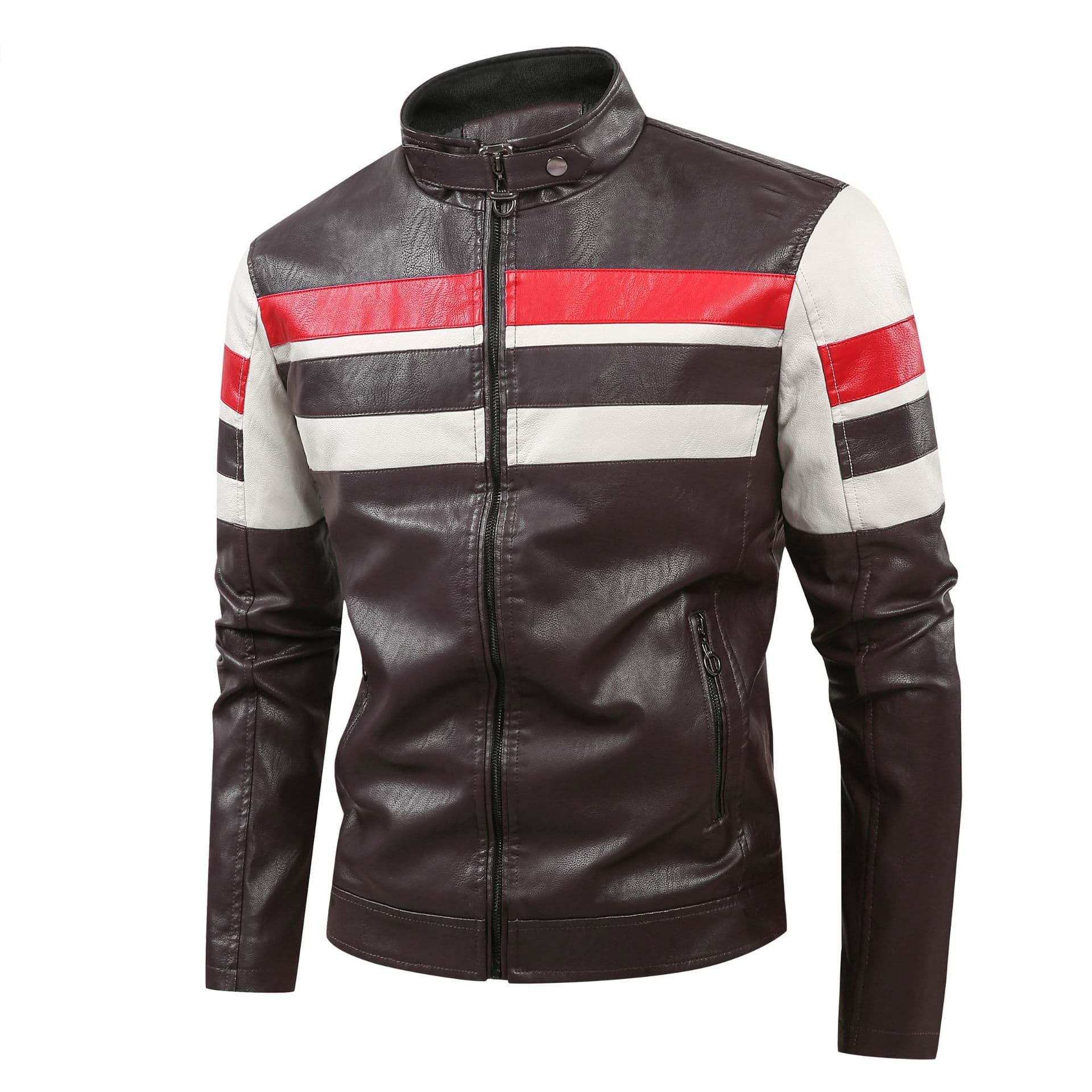 2025 Men's New Color-Block Fashion British Casual Motorcycle PU Leather Jacket Outerwear Menswear Export Cross-Border Supply