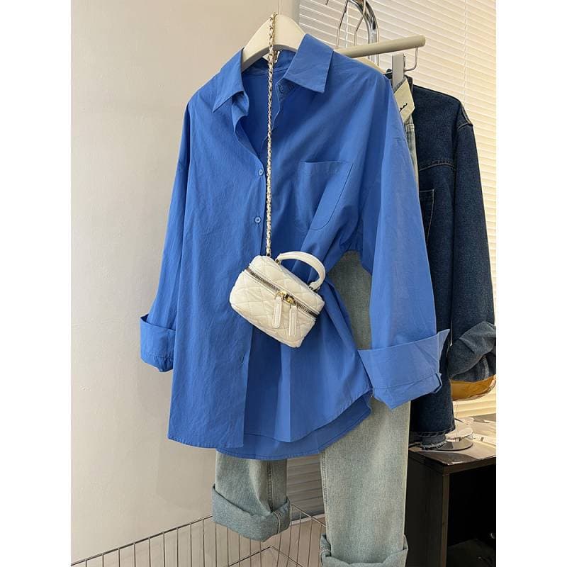 Women's Blue Shirt Spring 2025 New Design, Unique Casual Loose Layering Long Sleeve
