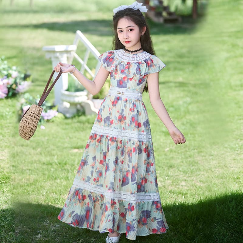 Girls Summer Long Floral Dress 2026 New Style Medium and Large Kids Princess Style Thin Beach Dress