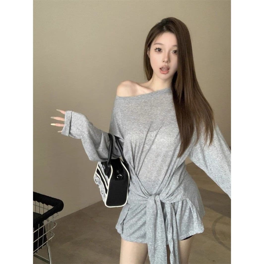Design Sense Lace-up Fake Two-piece Sun-protective Shirt T-shirt Women's Summer New Loose Lace-up Waist Lightweight Long-sleeved Top