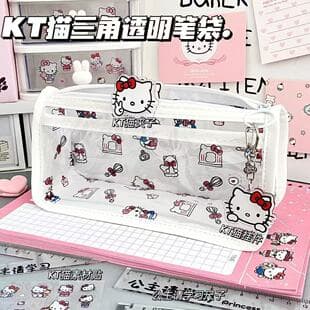 Ins-style Cute Sanrio Hello Kitty Cartoon Transparent Pencil Case, High-Aesthetic Lovely Cartoon Triangular Pencil Pouch, Large-Capacity Stationery