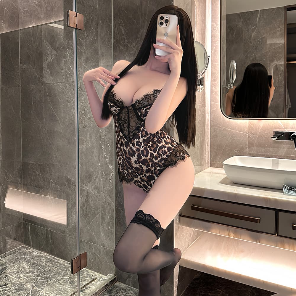 Sexy lingerie lace leopard print girl pure desire temptation uniform small breast strap underwire pajamas open crotch jumpsuit