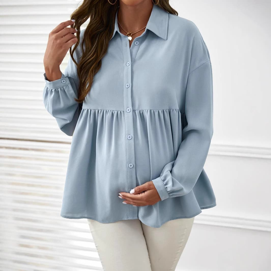 Cross-border European/American maternity wear spring plus-size mm loose stylish long-sleeve stand-up collar belly-concealing maternity shirt top.