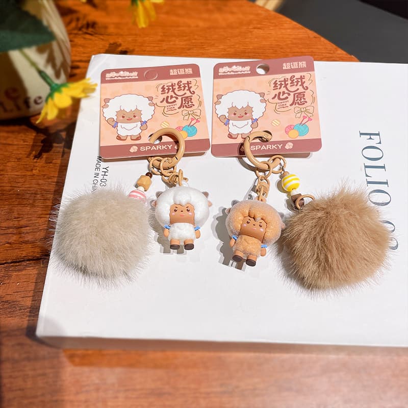 Genuine Pleasant Goat and Big Big Wolf fur ball doll keychain best friend couple car keychain schoolbag pendant