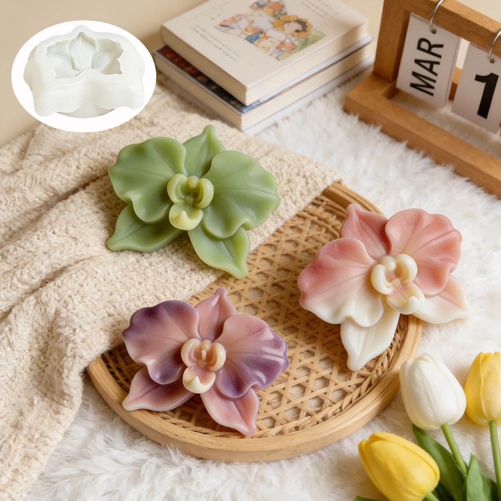 Wenxin Realistic Phalaenopsis Scented Candle Silicone Mold Realistic Flower Handmade Soap Car Aroma Stone Mold