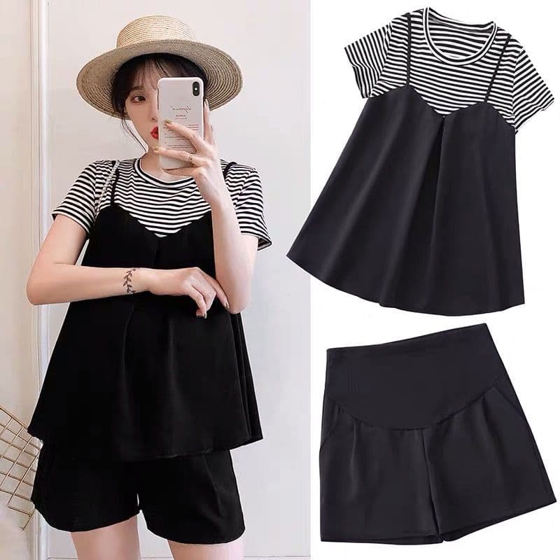 Fashionable Two-piece Maternity Suit Illusion Striped Top Shorts Outdoor Clothing Set For Pregnant Women