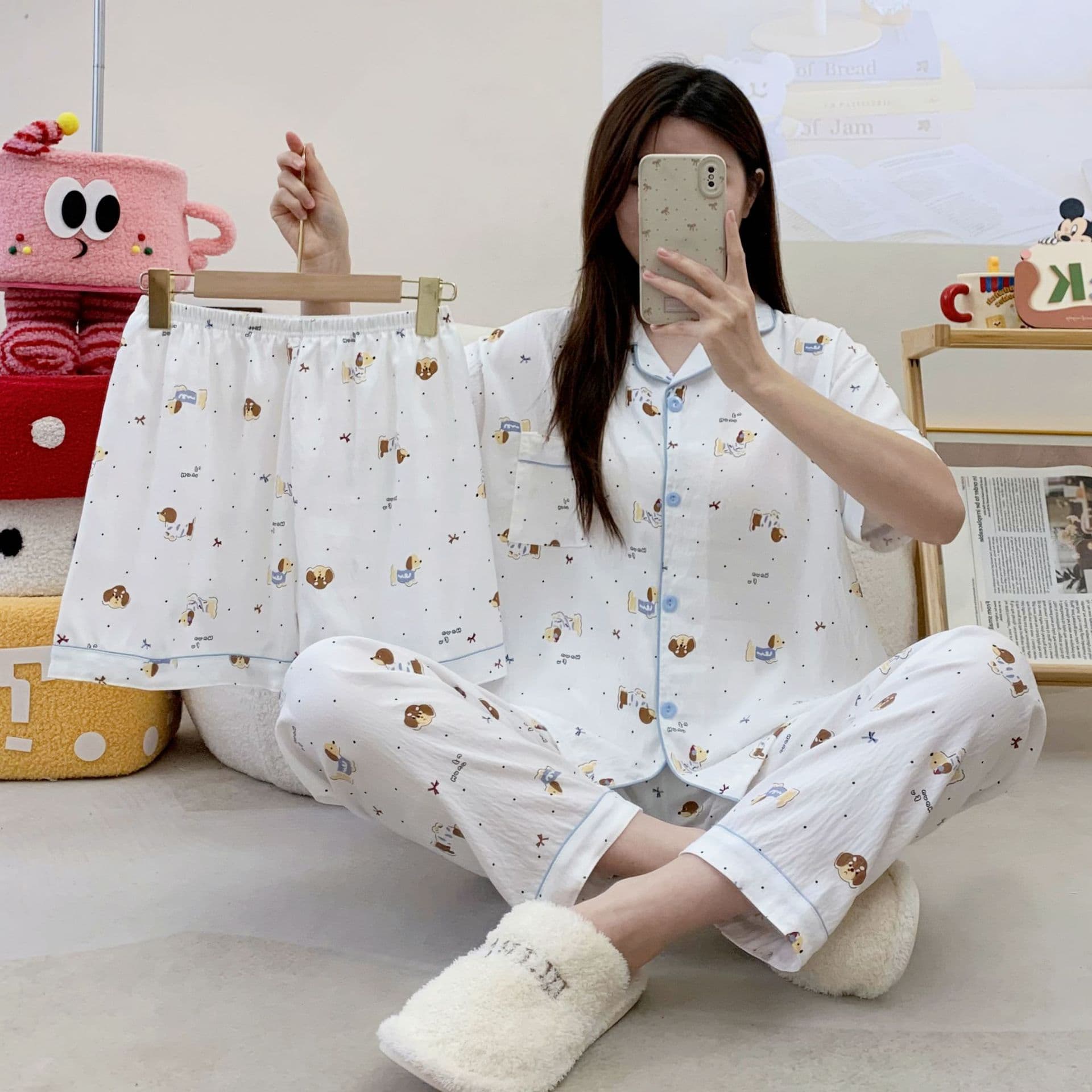 Cross-border Pajamas Women's Summer Clouds Cotton Wrinkled Cloth Ins Princess Style Cute Short-sleeved Trousers Three-piece Set Home Clothes