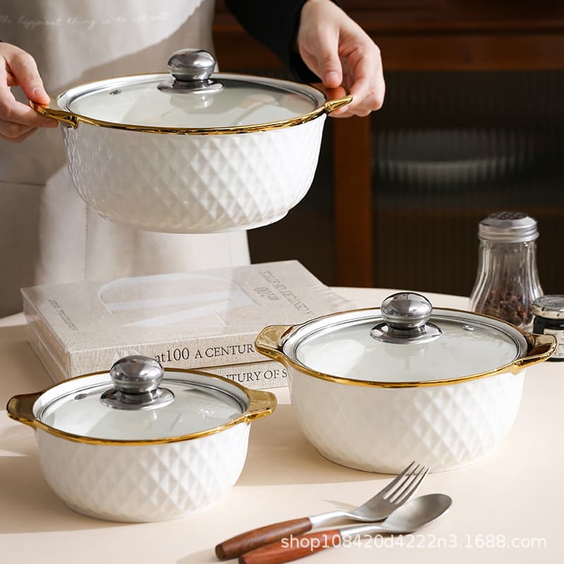 Double-eared large soup bowl with lid for home use large ceramic pickled fish large bowl thickened ceramic double-eared soup bowl large capacity
