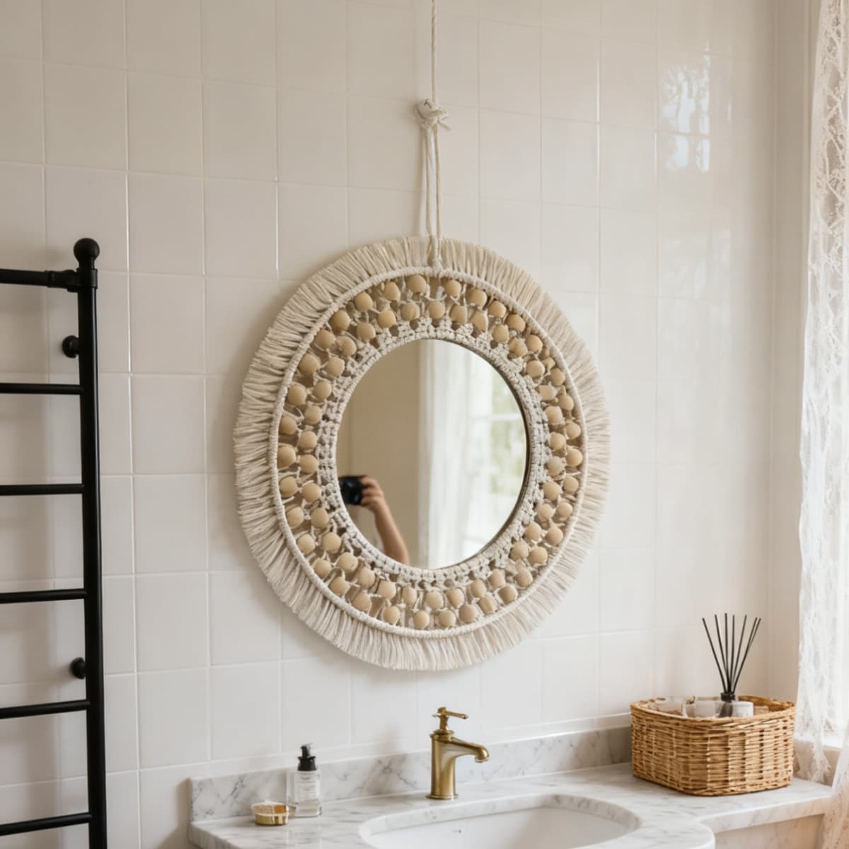 Woven Cotton Rope Mirror Wall Hanging Bohemian Decorative Makeup Mirror for Bedroom, Headboard, Guesthouse, Hotel, Bathroom Decoration
