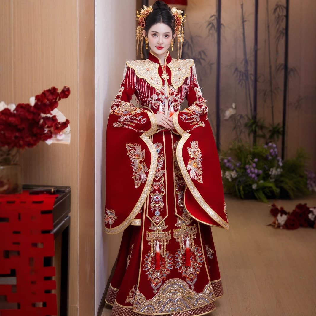 2026 New Chinese Bride Xiuhe Suit Phoenix Crown and Rosy Cape Chinese Wedding Dress Toast Dress Plus Size Xiuhe Suit for Women