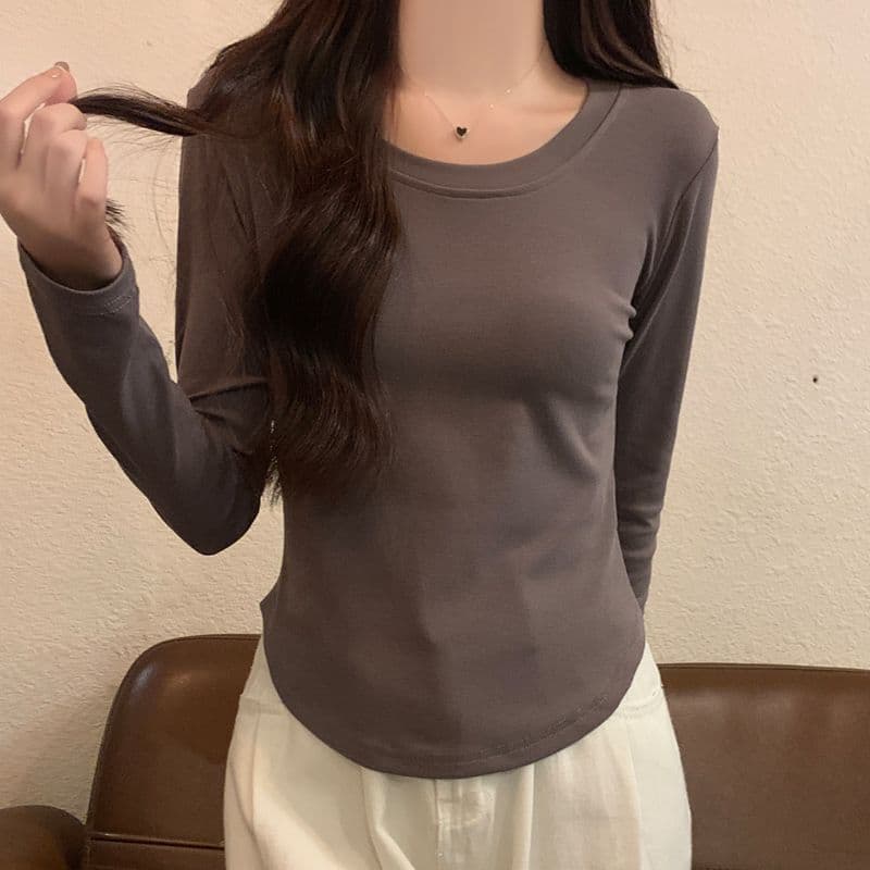 2024 Round Neck Base Layer T-shirt Women's Autumn/Winter Solid Color Inner Long Sleeve Cropped Slim Fit Smooths Your Silhouette