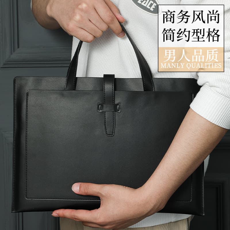 Men's briefcase business leather belt buckle file bag handbag large capacity casual computer bag logo embossed