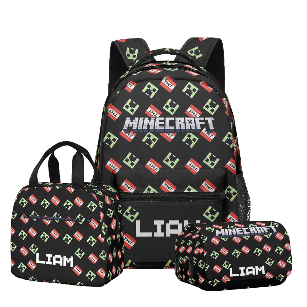 3D New Minecraft School Backpack for Students Lunch Bag Double-Layer Pencil Case 3-Piece Set