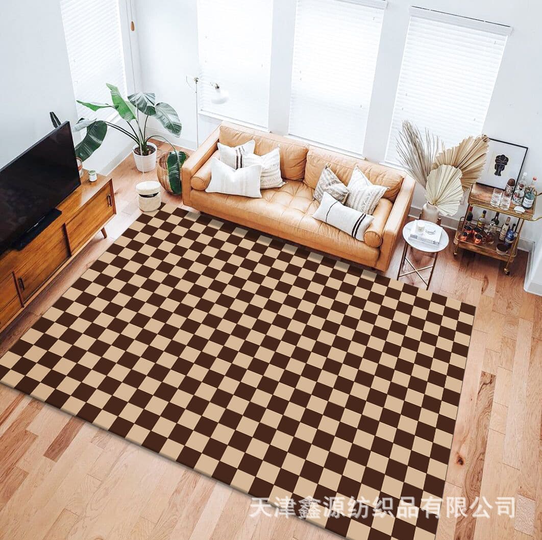 Minimalist Checkered Living Room Absorbent Sofa Coffee Table Rug Bedroom Soft Sit and Lie Full Coverage Rug Crystal Velvet Carpet