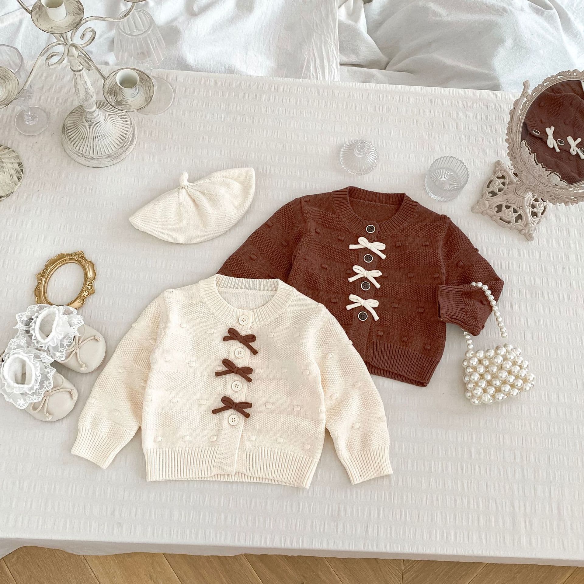 2025 Autumn/Winter Infant and Toddler Bow Top Knit Sweater Korean Style Baby Versatile Cardigan Coat