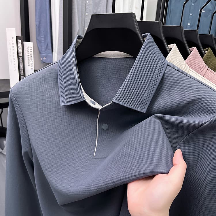 High-end nylon seamless men's long-sleeved polo shirt snap-button lapel T-shirt autumn loose stretch men's slit