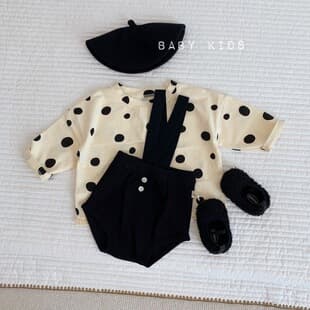 Ins Style Korean Autumn/Winter Baby Boys and Girls Polka Dot Loose Long Sleeve T-Shirt + Black Suspender Diaper Shorts Set Trendy