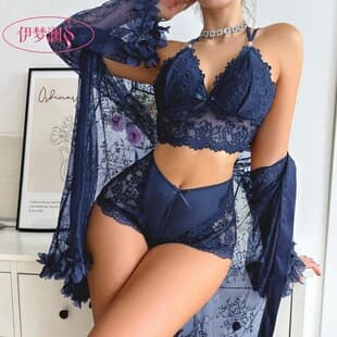 Yimenglan Cross-Border Trade Lingerie Lace Robe Camisole Panties Three-Piece Set Sexy Sheer Thin Sleepwear