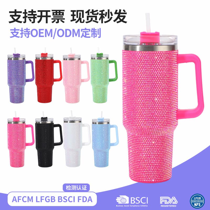 Crystal Rhinestone Inlaid Stainless Steel 40oz Car Cup Insulated Tumbler with Handle and Straw Large Capacity Car Mug