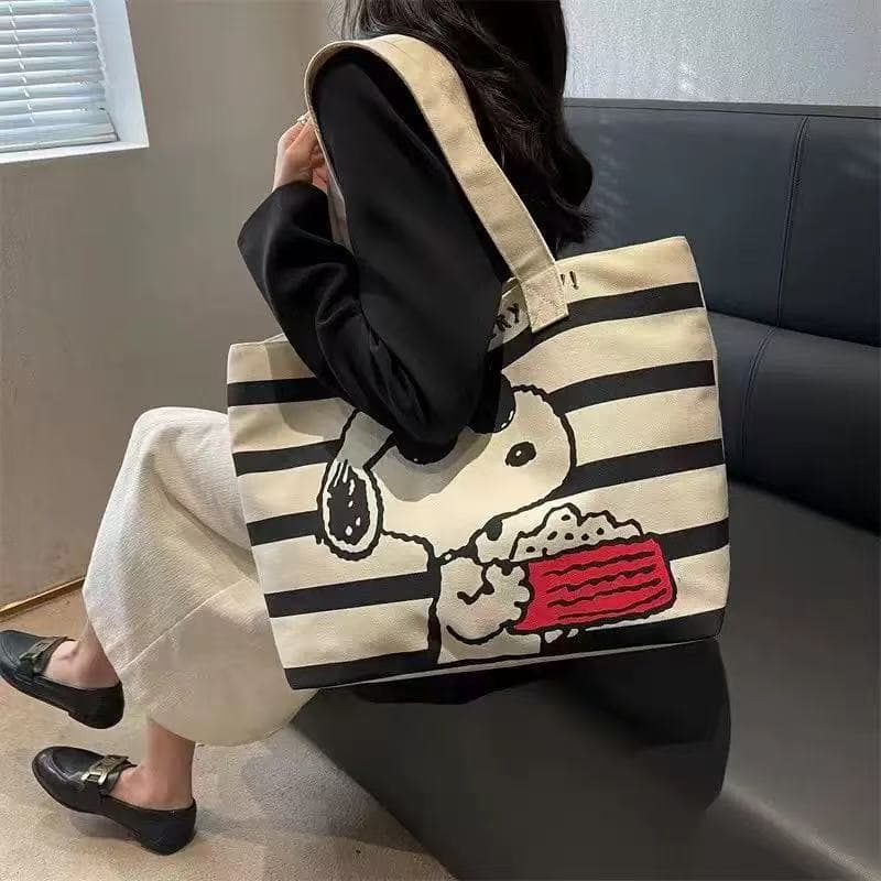 Large capacity canvas bag female cartoon shoulder bag student class commuting bag tote bag mommy bag dog tooth multi-pocket