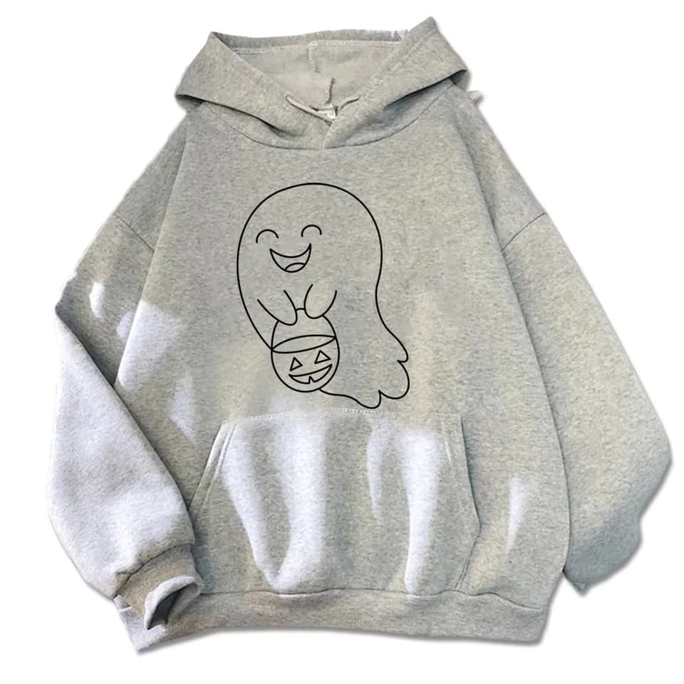 Charming Halloween Ghost Hoodie Black with Smiling Spirit and Pumpkin Light Hoodie Unisex Sportswear