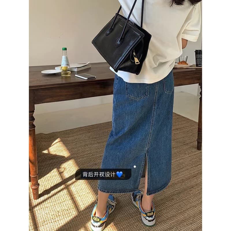 Maternity Wear Spring/Autumn Belly Support Denim Skirt, Mid-Length Stretchy Slimming Loose Straight Tube Slit Skirt for Spring/Summer