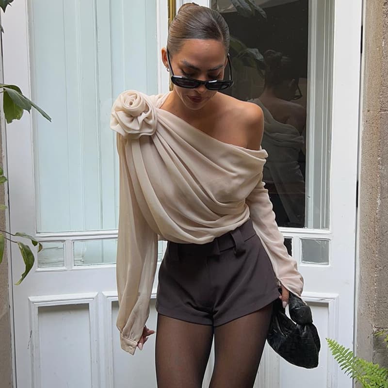 European and American style cross-border spring and summer new women's clothing sexy fashion street hotties oblique shoulder chiffon slim t-shirt tops for women