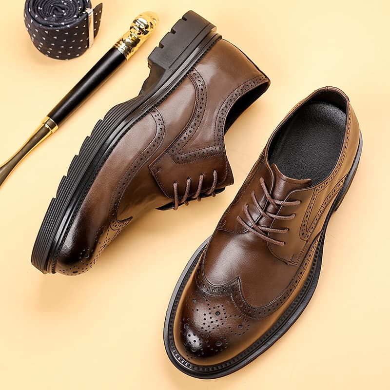 Men's New Genuine Leather Business Formal Shoes Brogue Oxfords High-End British Thick Sole Trendy Large Size 45