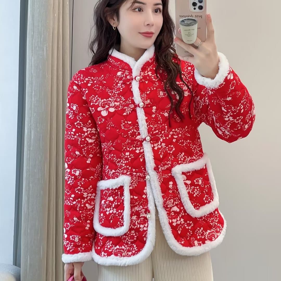 Plus Size Women's Chinese Style Retro Floral Cotton-padded Jacket, Popular Online Style, Versatile Northeastern Style Cotton-padded Jacket 74436