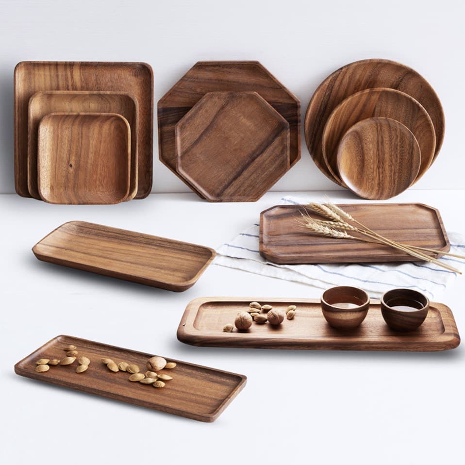 Creative Wooden Plate Serving Tray Japanese Style Figwood High Aesthetic Value Home Use round Square Shape Non Microwave Safe