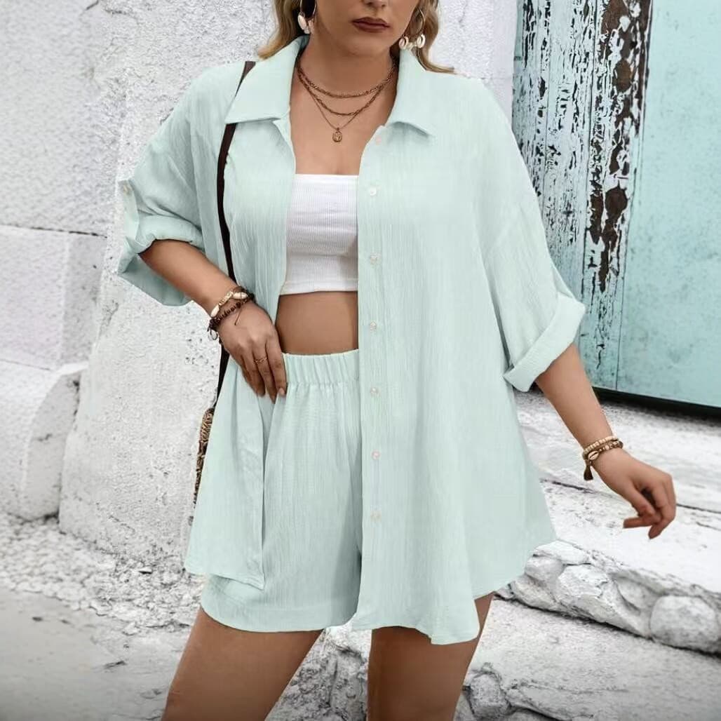 2026 Summer Light Green Shirt Shorts Set Women's Casual Two-Piece Set 2026 New Women's Summer Set