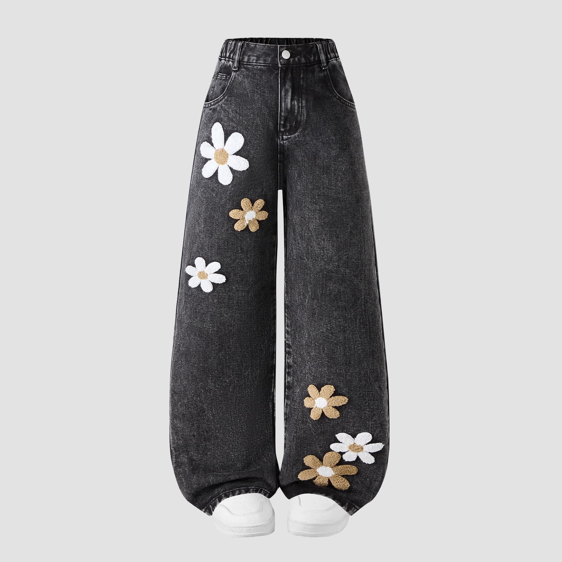 Cross-Border In-Stock Items Exclusively for Amazon in Europe and America: New Fashion Towel Embroidery Design Wide-Leg Jeans for Older Girls
