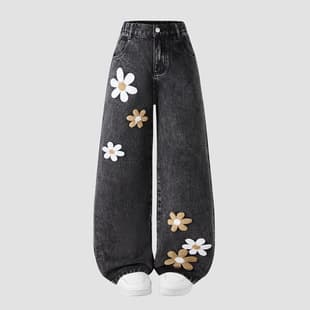 Cross-border Stock EU/US Amazon Big Kid Girls New Fashion Towel Embroidery Design Wide-Leg Denim Jeans