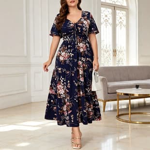 Plus Size Women's Navy Floral Print Dress Square Neck Front Drawstring Short Sleeve Waist-Cinching Cake Long Dress