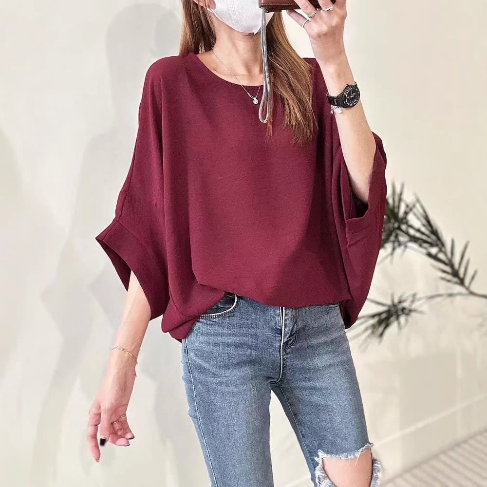 2025 Cross-Border New Ice Silk Pleated Batwing Sleeve Plus Size Women's Loose Casual Slimming Tops Ins Wholesale