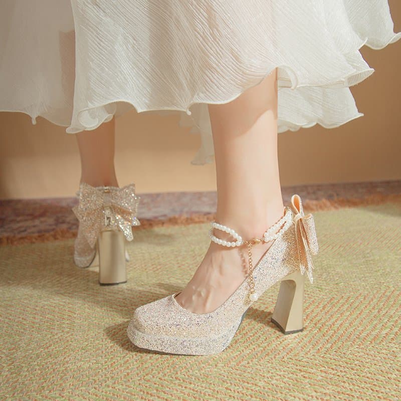 French-Style Engagement Shoes for Women, Mary Jane Wedding Shoes That Are Comfortable, Bride's Wedding Shoes with Chunky Heels and Elegant High Heels