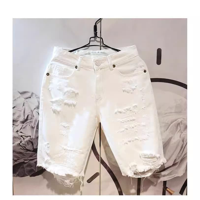Trendy Men's 5-Point Summer Jeans Casual Loose Straight Leg Shorts Distressed Denim Mid-Length Outerwear Cotton Jeans