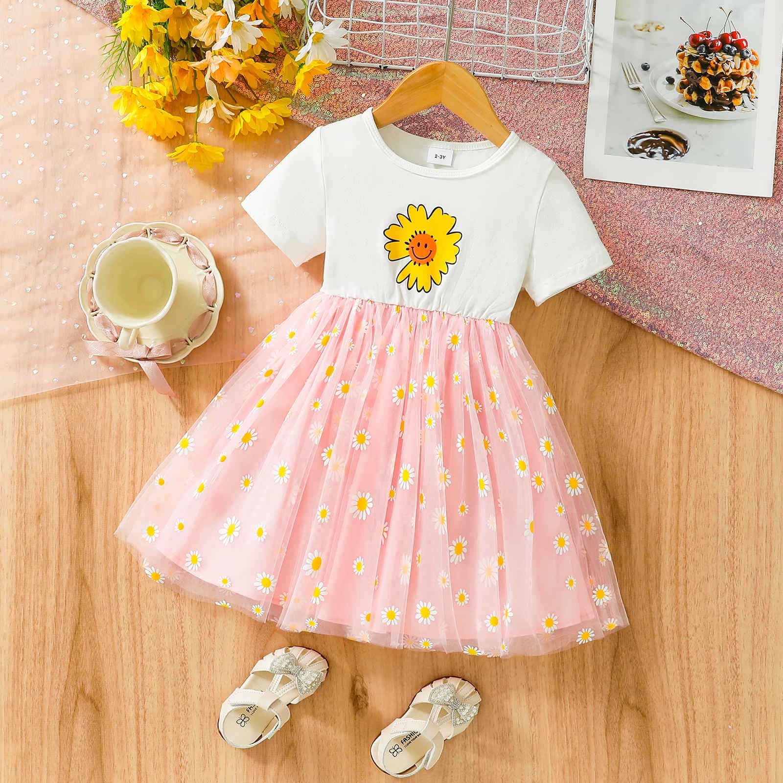 Girls' New Summer Chrysanthemum Mesh Casual Dress