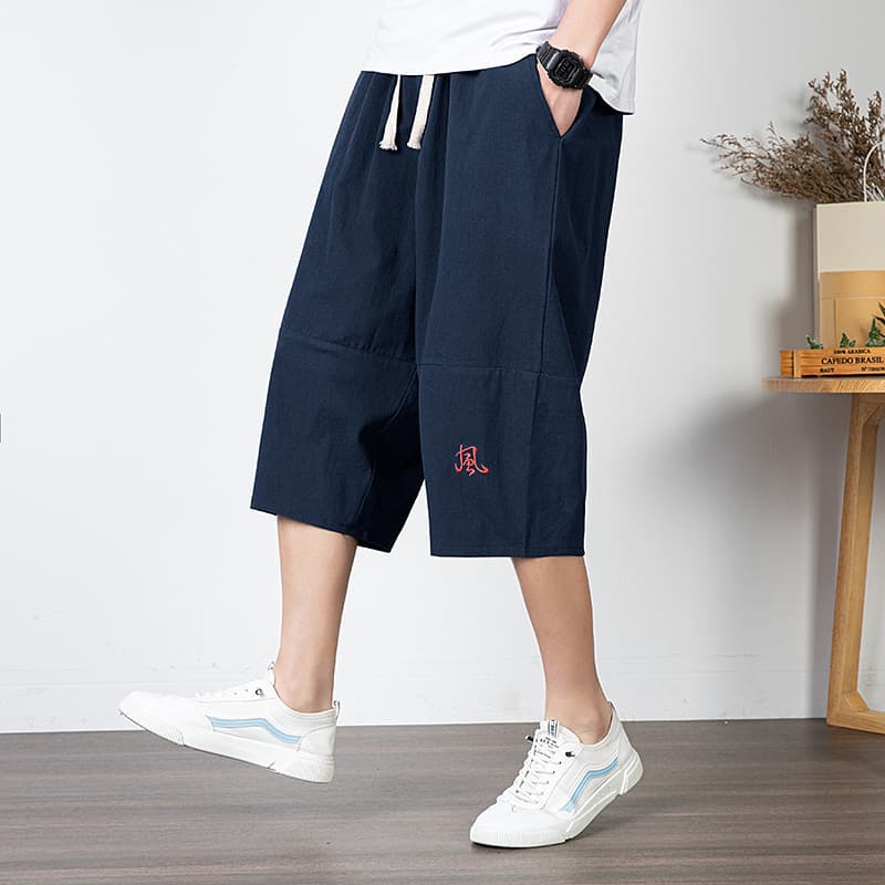 Trendy Men's Cropped Linen Shorts Solid Color Chinese Style Loose Straight Beach Pants Cotton Linen Pants Trendy