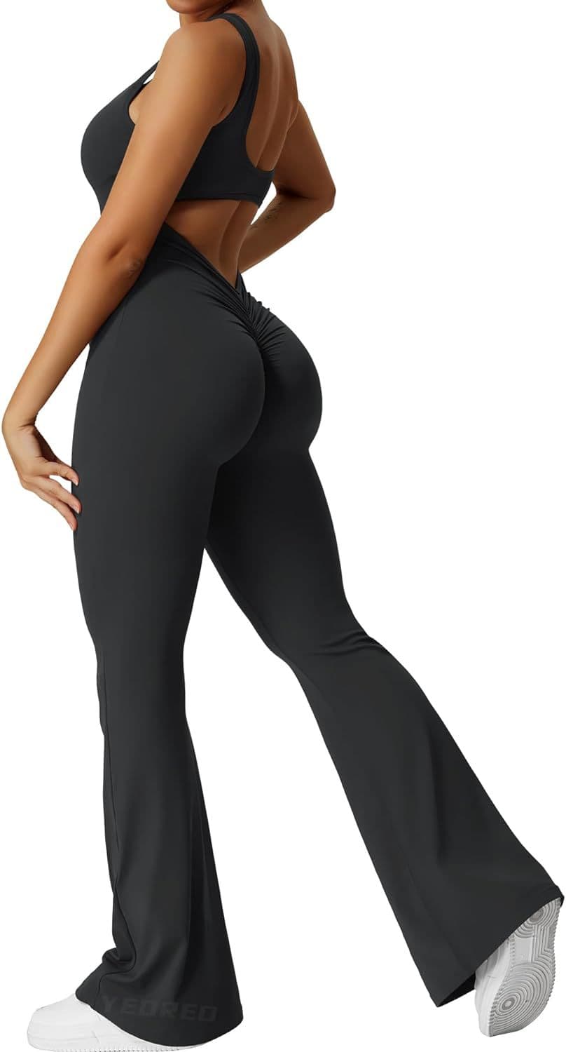 YEOREO Women Workout Flare Jumpsuits Sexy Backless Gym Bodyc