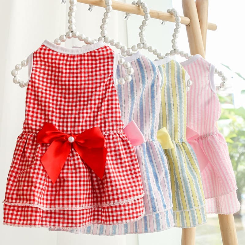 Dog Skirt Bow Cat Dress Dog Wedding Dress Spring and Summer New Plaid Pet Cat Clothes Supplies Pomeranian