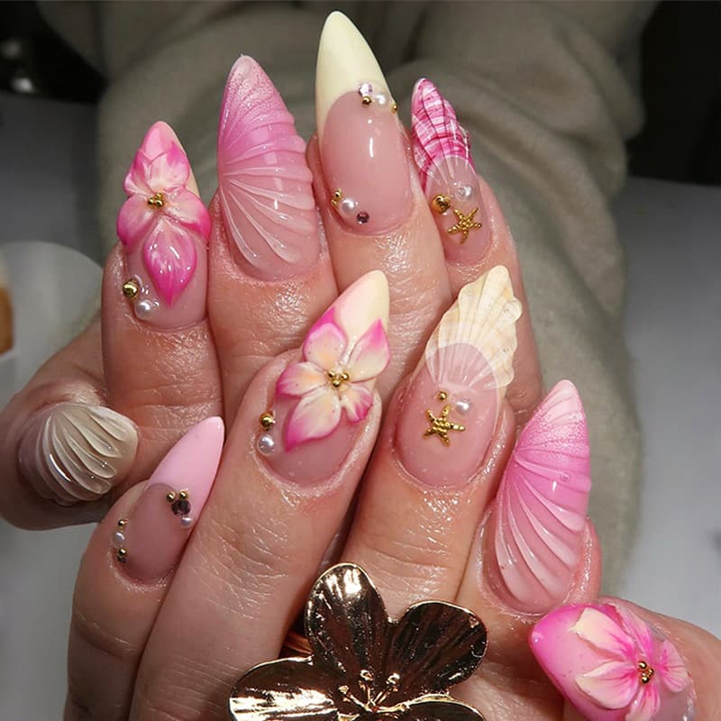 Cross-Border Hot Seller 24-Piece Summer Gradient French Iridescent Shell Pattern 3D Flower Metal Starfish Handmade Press-On Nails