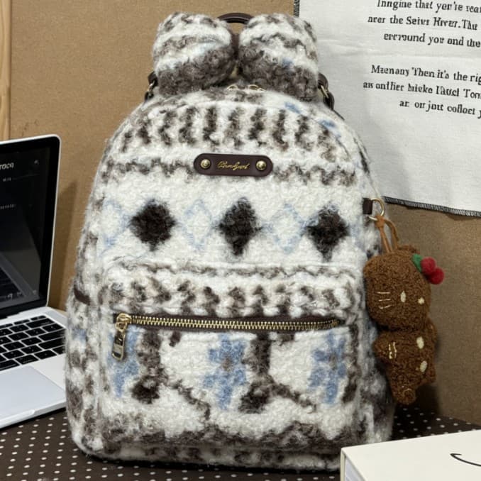 Plush backpack for women Korean style retro stitching fashion lazy style shoulder bag large capacity commuter tote bag backpack