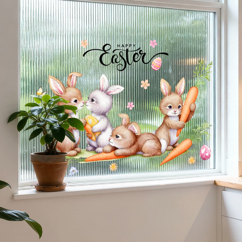 AD36292-Watercolor HAPPY EASTER Cute Cartoon Rabbit Window Sticker Festive Atmosphere Decoration Sticker