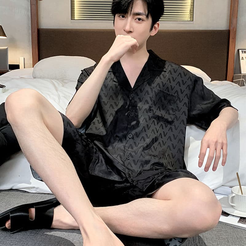 Summer Large Ice Silk Thin Short Sleeve Shorts Home Suit Men's Sleepwear V-Neck Comfortable Breathable Casual