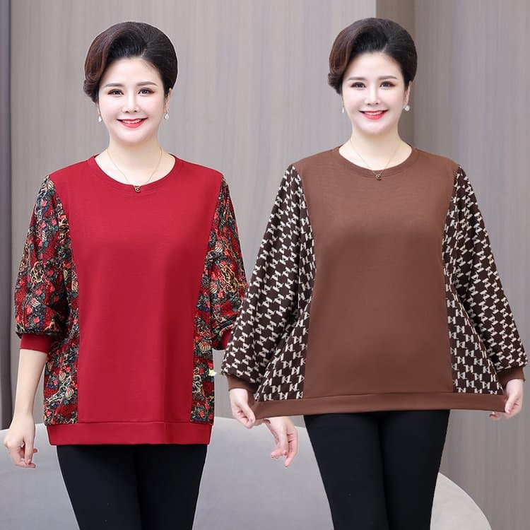 Plus Size 240 lbs Figure-Flattering T-Shirt for Middle-Aged and Elderly Women, Loose Fit Spring and Autumn Top for Mother-in-Law