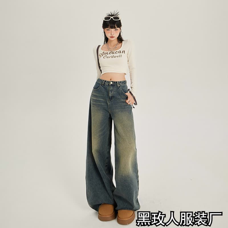 Retro American High Waist Loose Wide Leg Jeans Women's Trendy Long Pants Floor Design Autumn Winter Straight Cut Denim